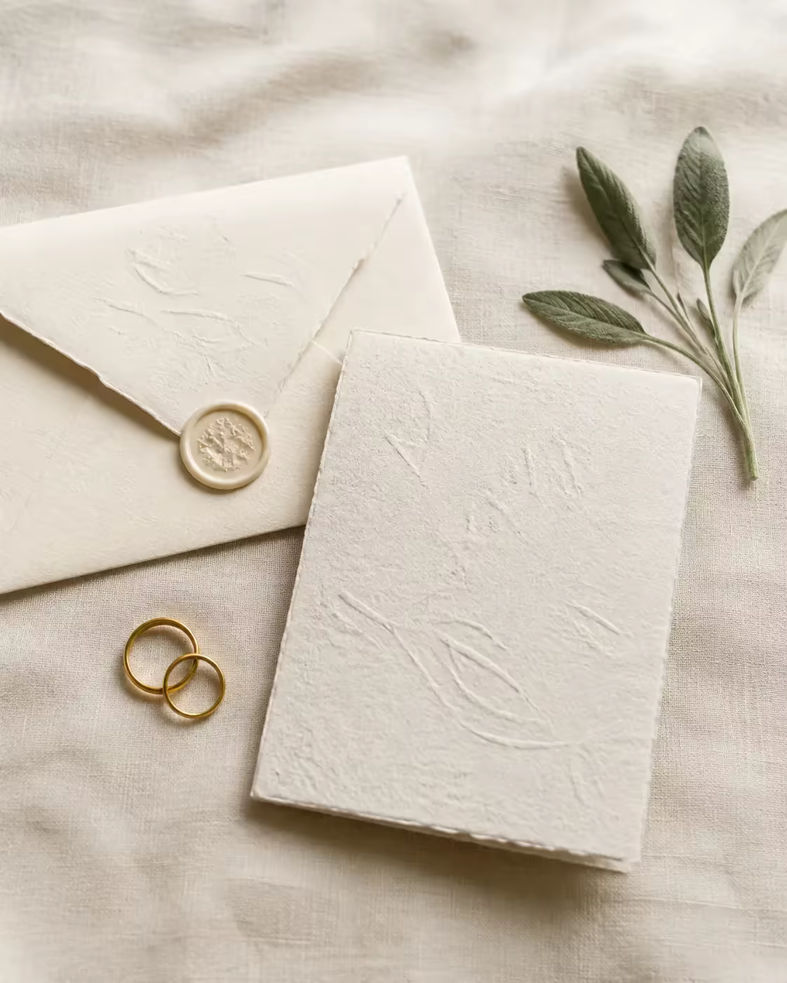 Convite e alianças sobre papel e linho em tons naturais
