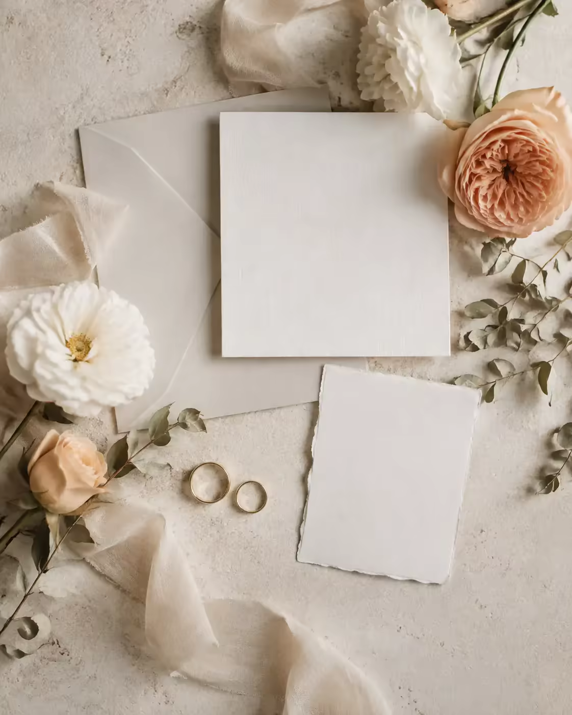 Convite, alianças e flores preparados para um casamento